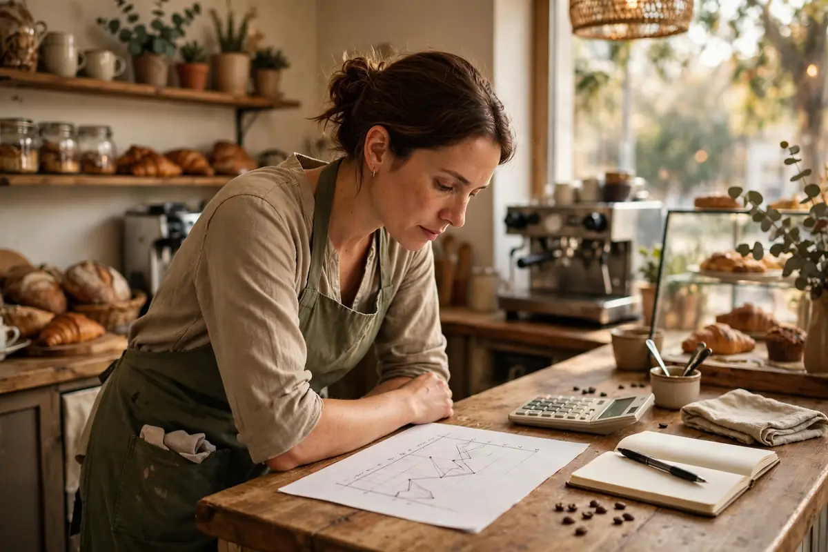 A cafe owner studying a hand-drawn sales chart with a calculator and notebook on a wooden counter