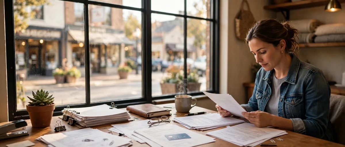Small business owner reviewing paperwork to build business credit at a desk with credit card