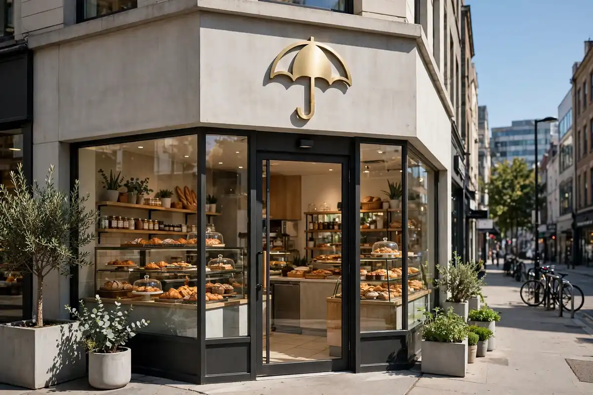 Business insurance guide – small business storefront protected by an umbrella symbol