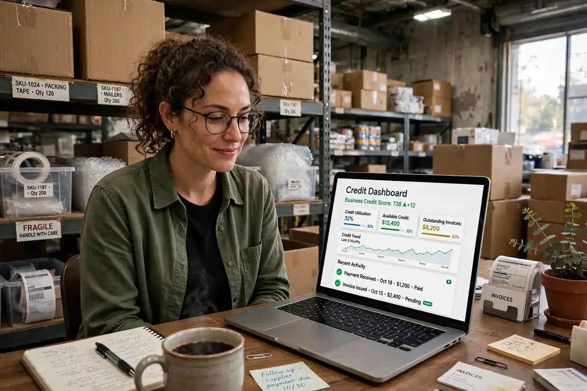 Business owner checking a business line of credit balance on a laptop in a warehouse office