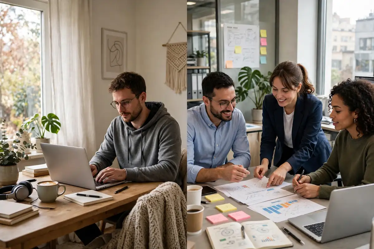 Comparison scene of an independent contractor and an office employee at work