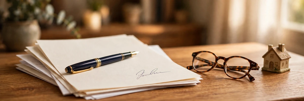 Estate planning checklist – signed legal documents with fountain pen, reading glasses and a small house figurine