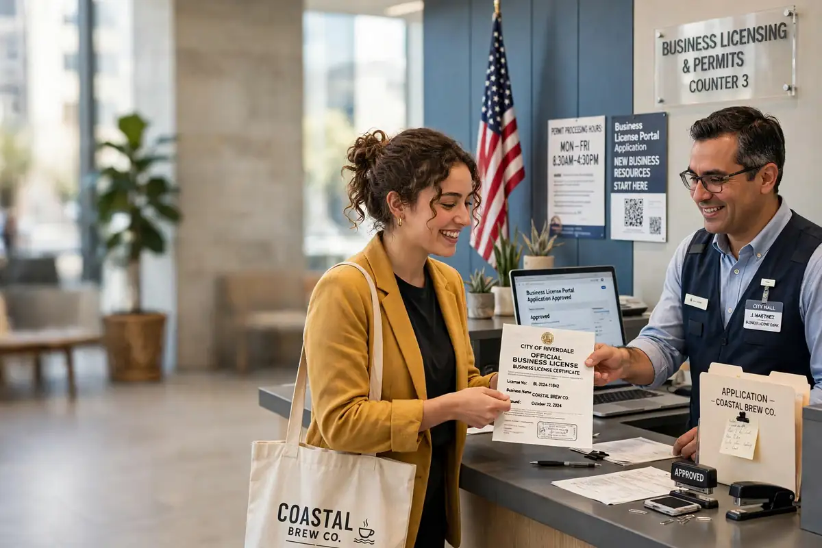 Business owner applying for a business license at a US government office counter