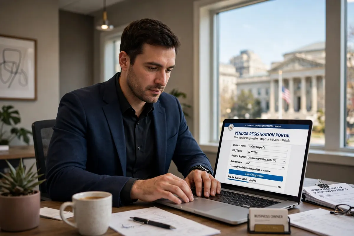 Business owner applying online for a DUNS number on a laptop