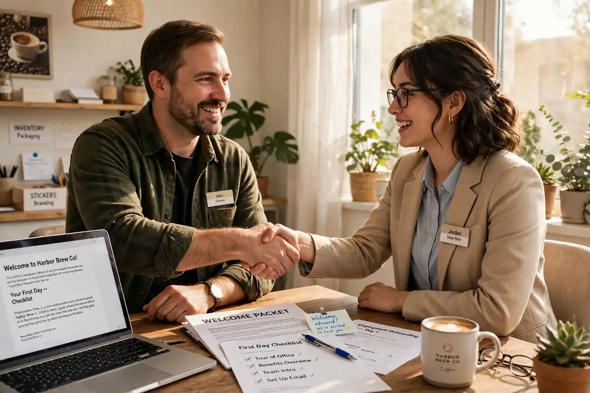 Business owner welcoming a first employee with a handshake in a small office