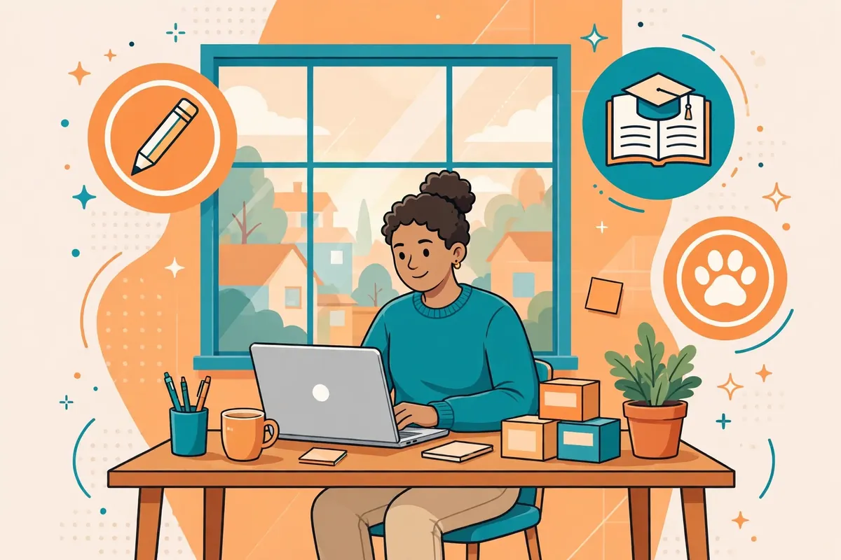 Illustration of home based business ideas including freelancing, tutoring, and online selling from a home office