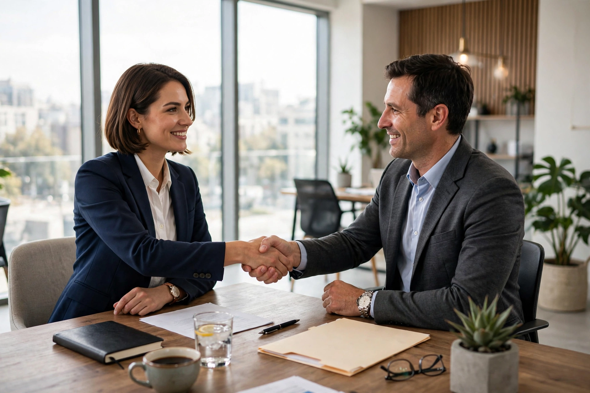 Professional shaking hands with hiring manager in modern office during salary negotiation discussion