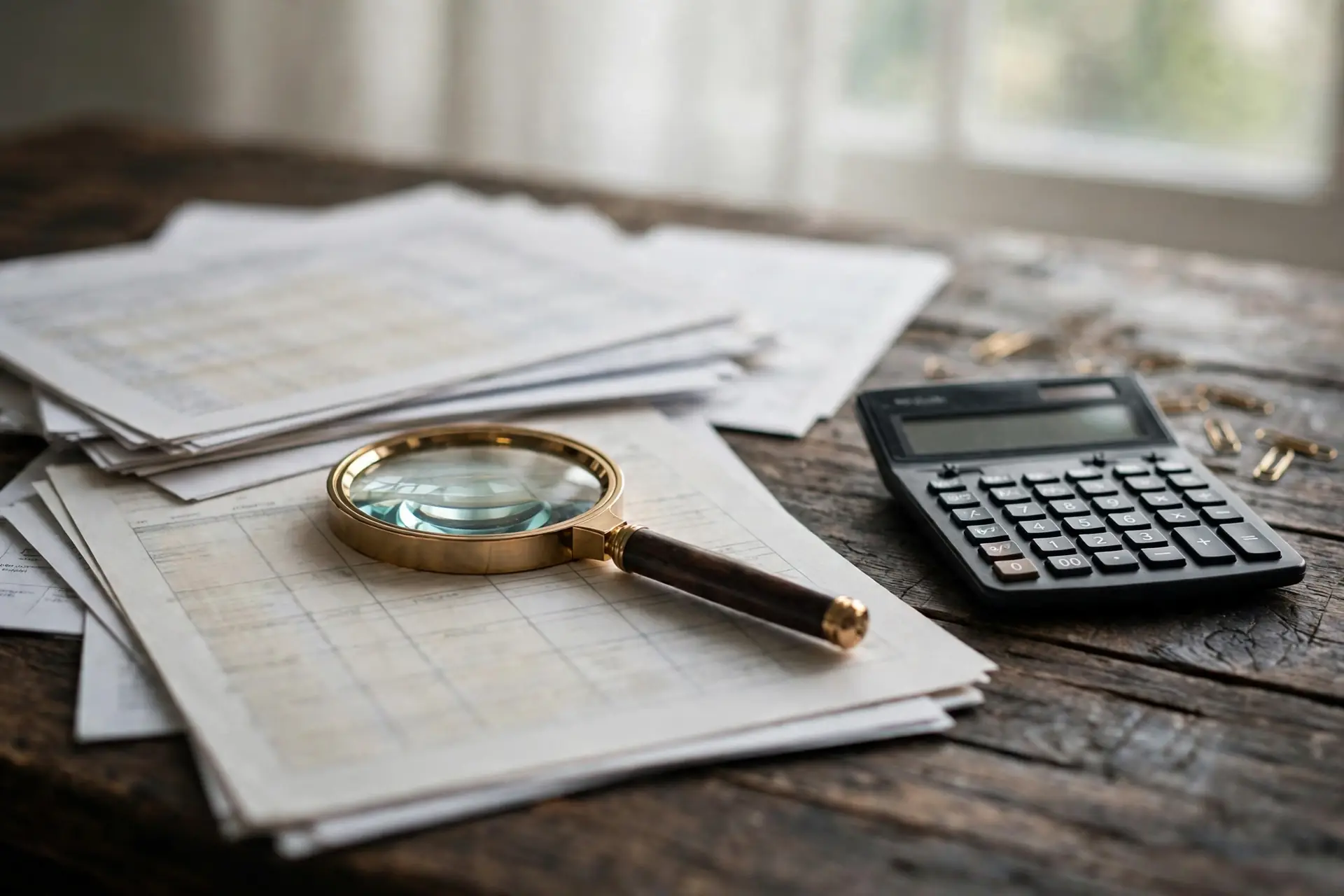 Financial documents and calculator on a desk with a magnifying glass over a balance sheet