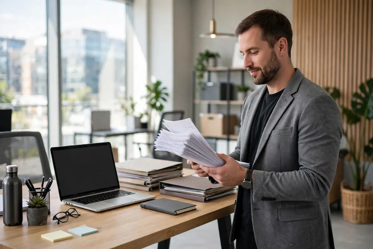 A business owner holding a stack of paper invoices in a bright modern office with a laptop and folders on a desk