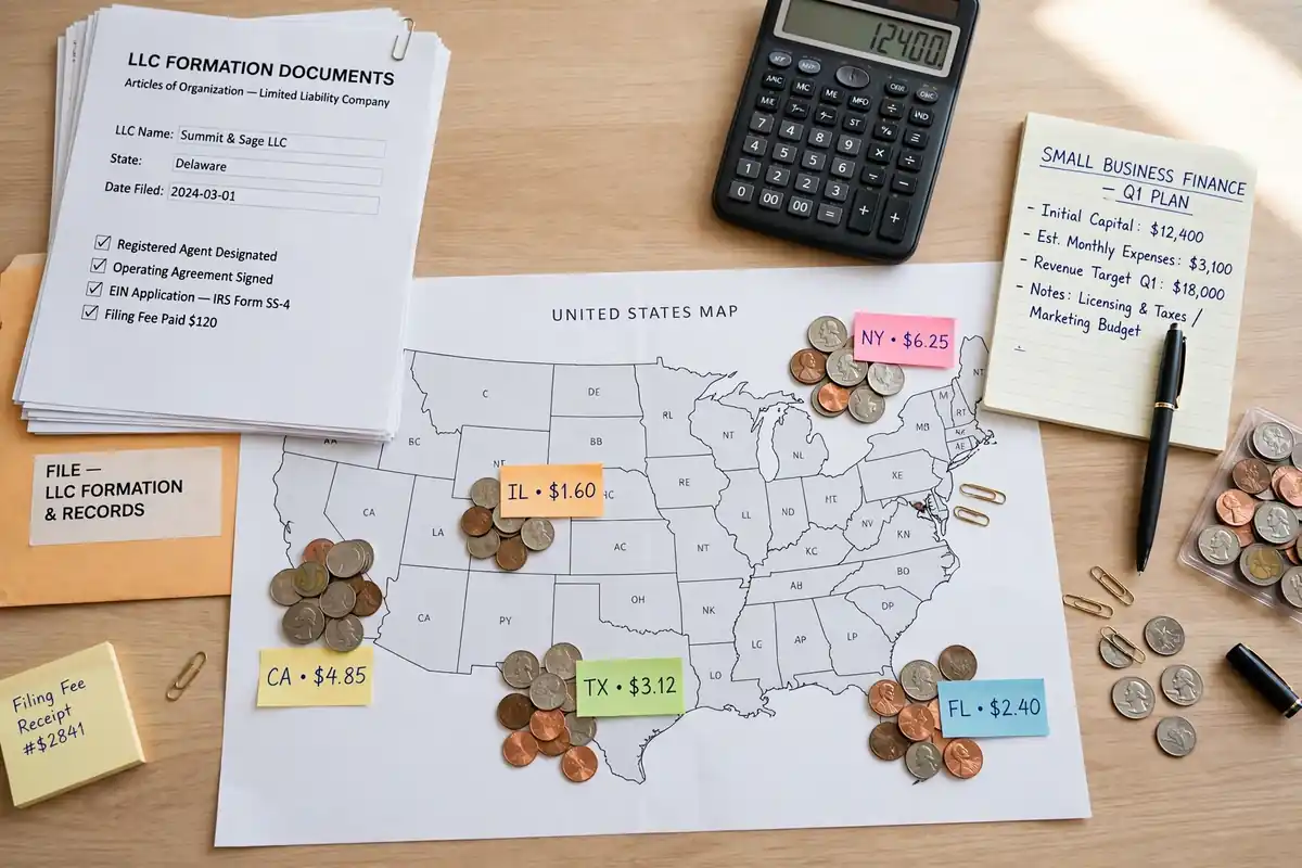 US map with a calculator and LLC formation paperwork showing state-by-state costs