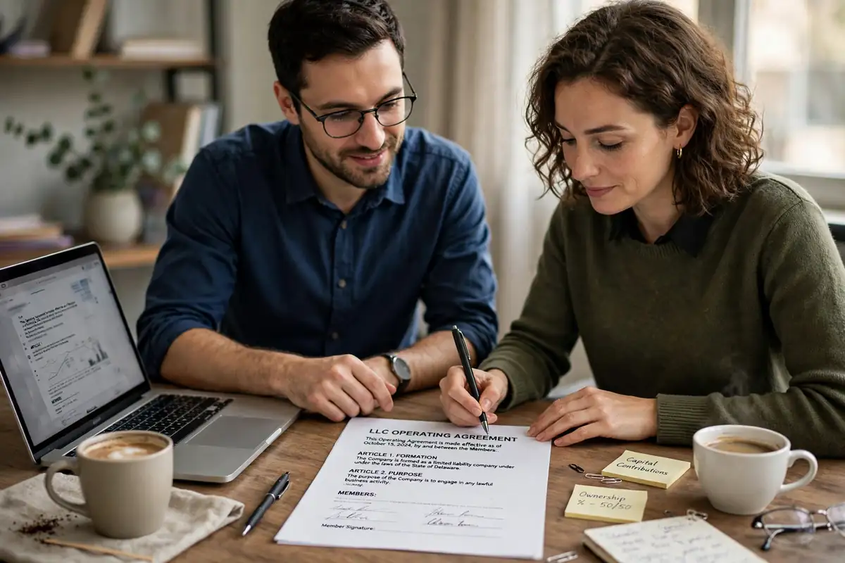 Business partners signing an LLC operating agreement at an office table