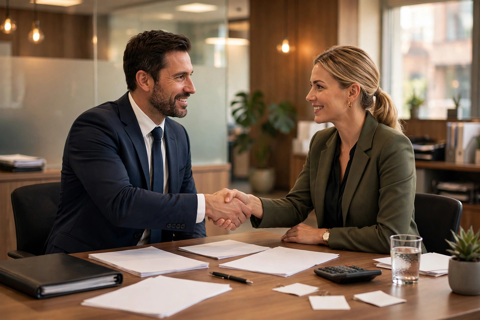 Business loan handshake between a lender and a small business owner