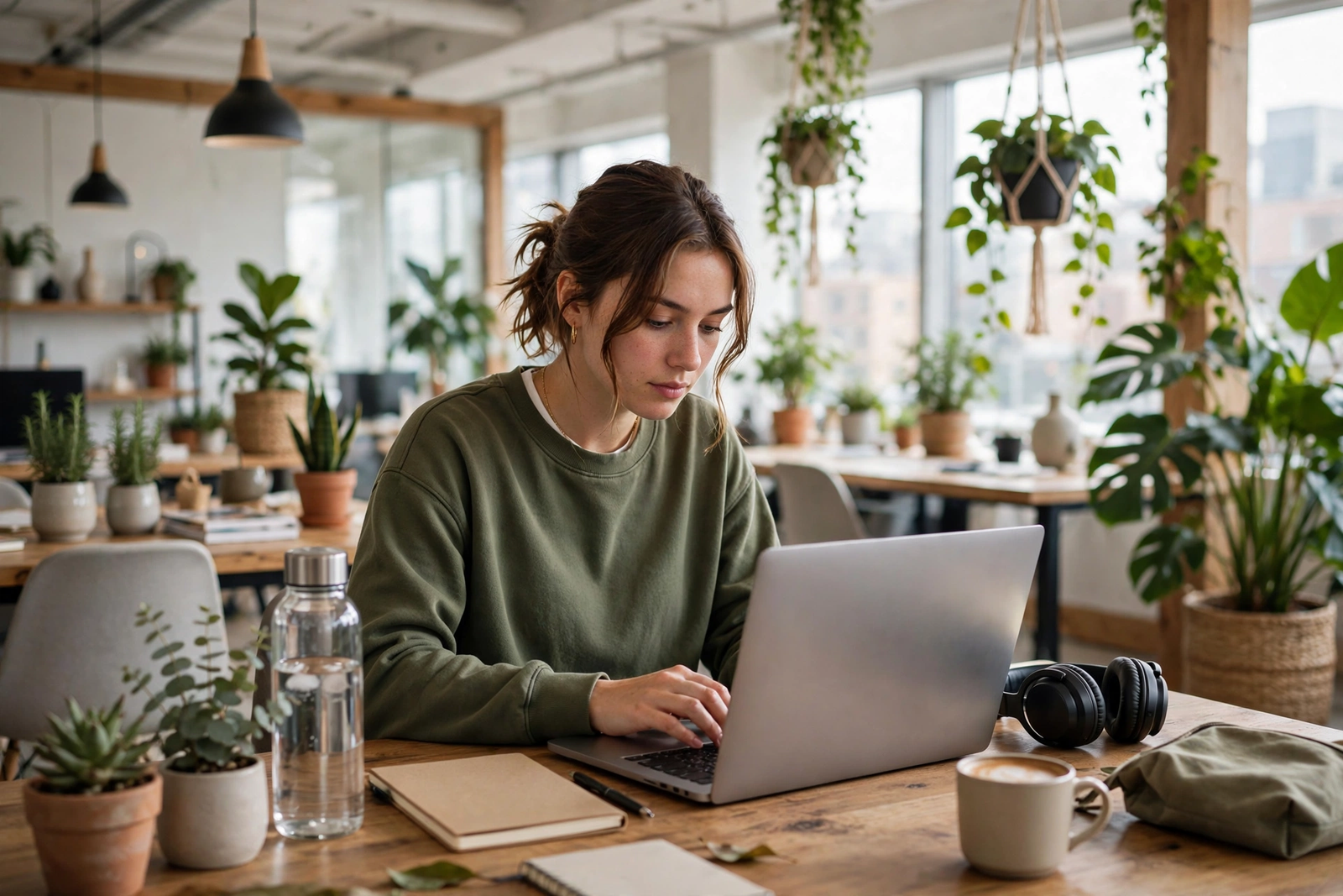 Entrepreneur working on a laptop in a coworking space while building a business