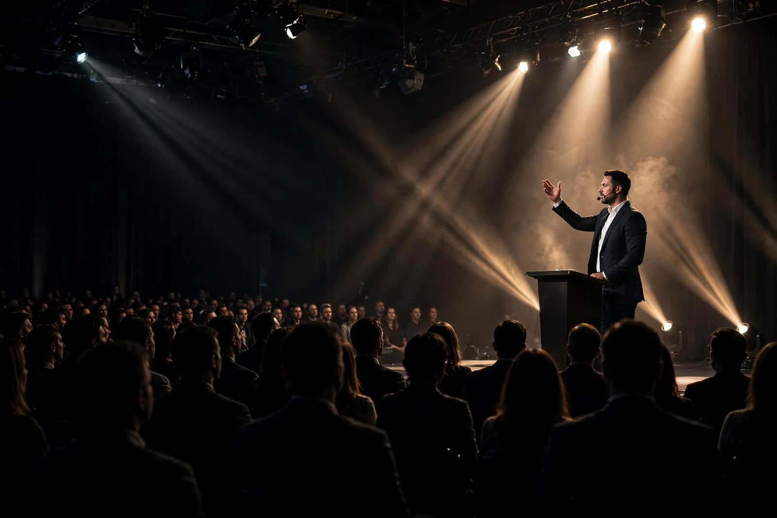 Corporate speaker demonstrating leadership skills on stage