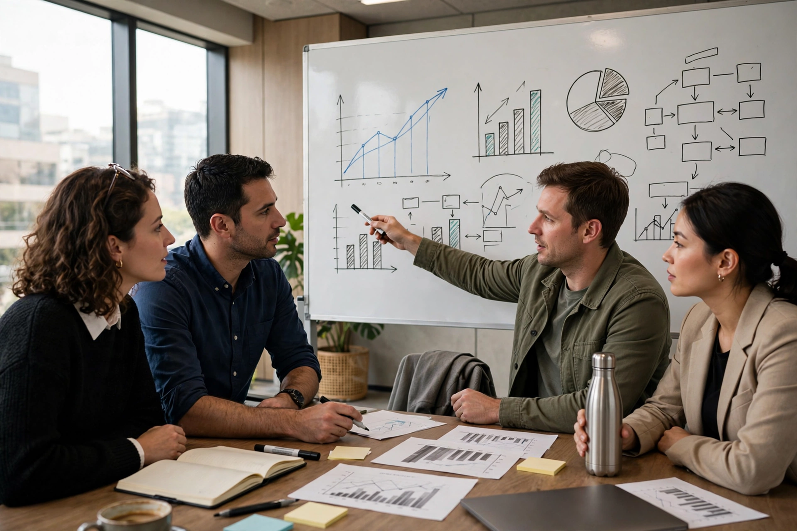Marketing team planning a digital marketing strategy on a whiteboard