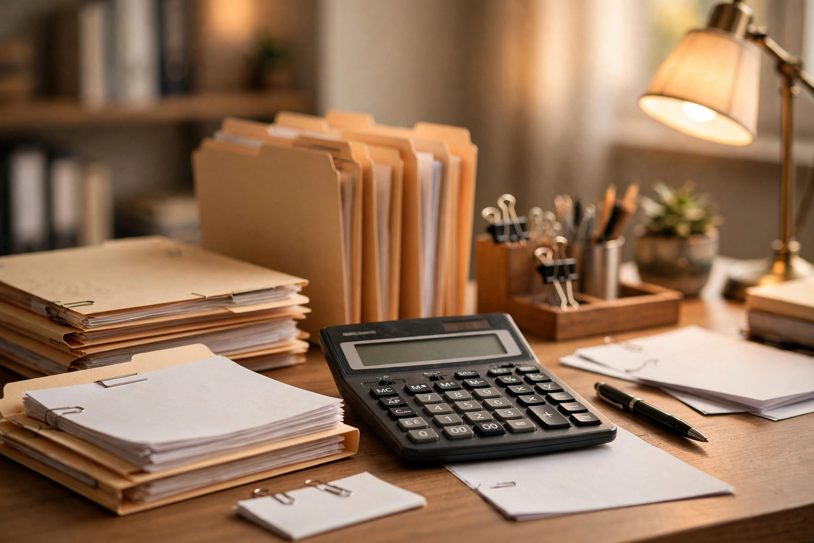 Small business tax documents and receipts organized for claiming deductions
