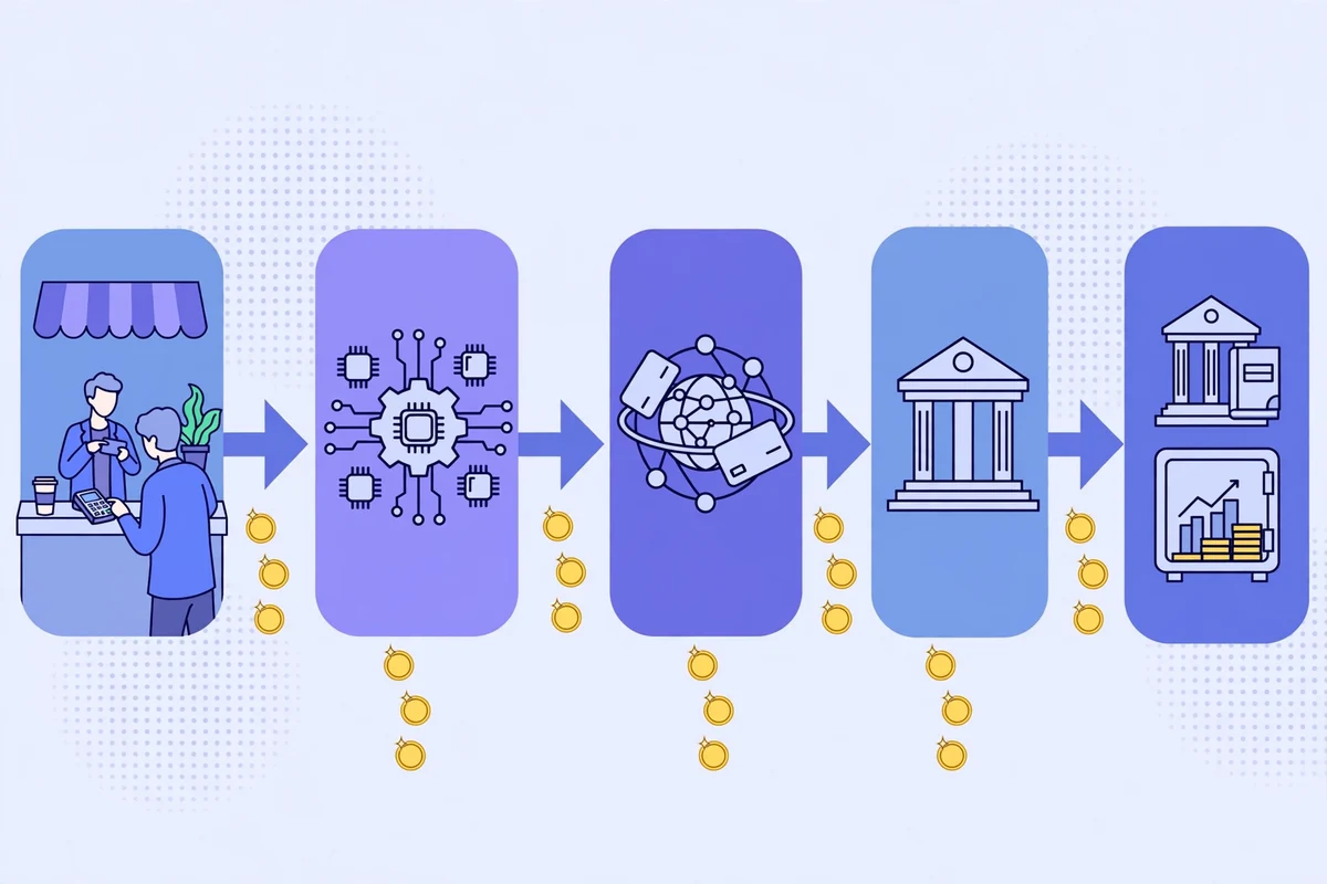 Diagram-style illustration explaining what is a merchant account and how payment processors move card payments