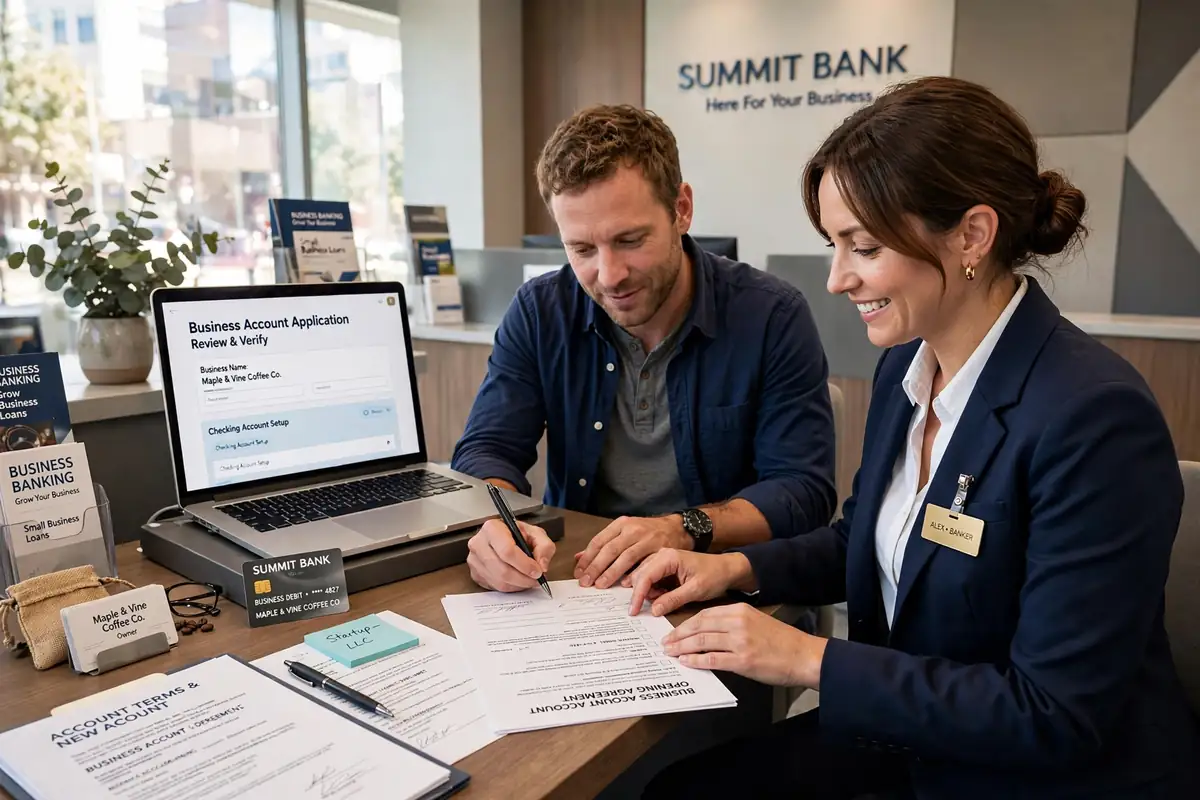 Business owner opening a business bank account with a banker at a desk
