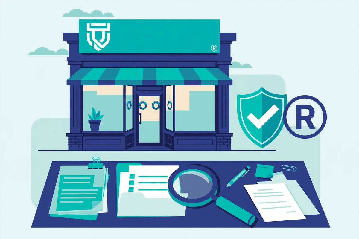 Illustration showing how to register a trademark for a business name and logo with a shield and registered symbol