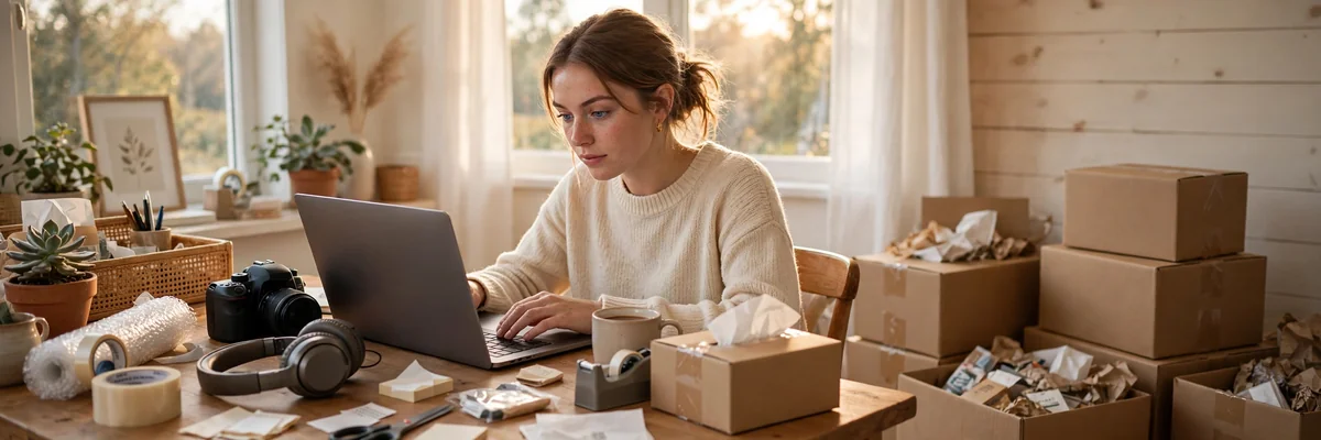 Young woman running side hustle ideas from a home office with laptop, camera, and shipping boxes