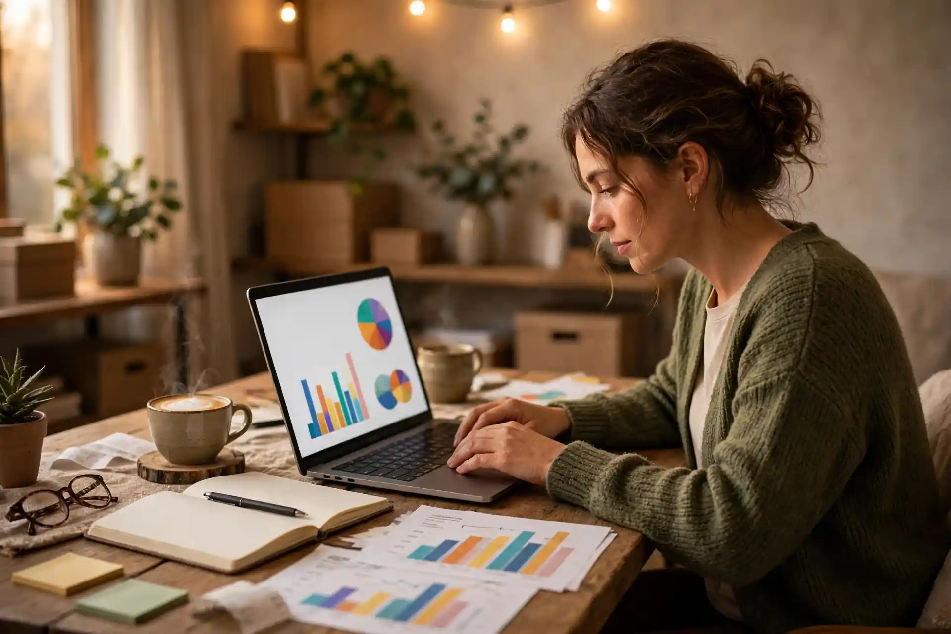Small business owner reviewing financial charts on a laptop with accounting documents on a desk