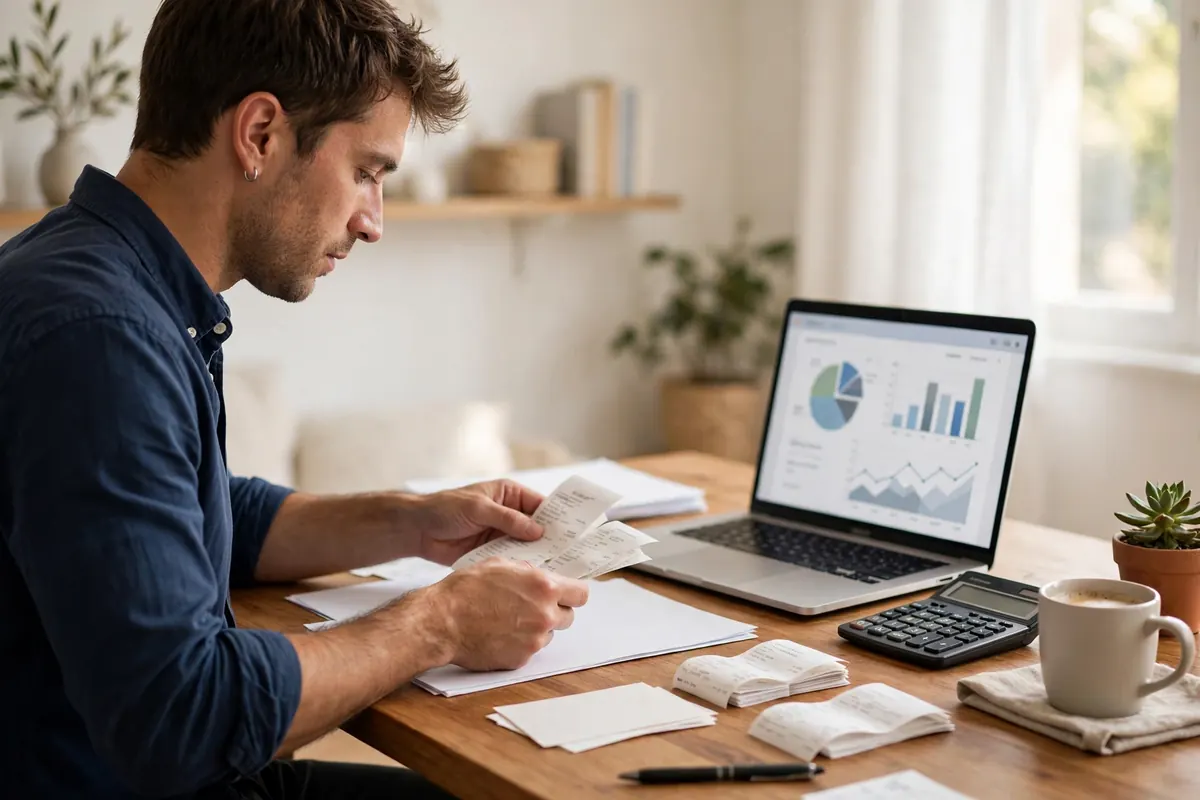 Small business bookkeeping – entrepreneur organizing receipts with accounting software
