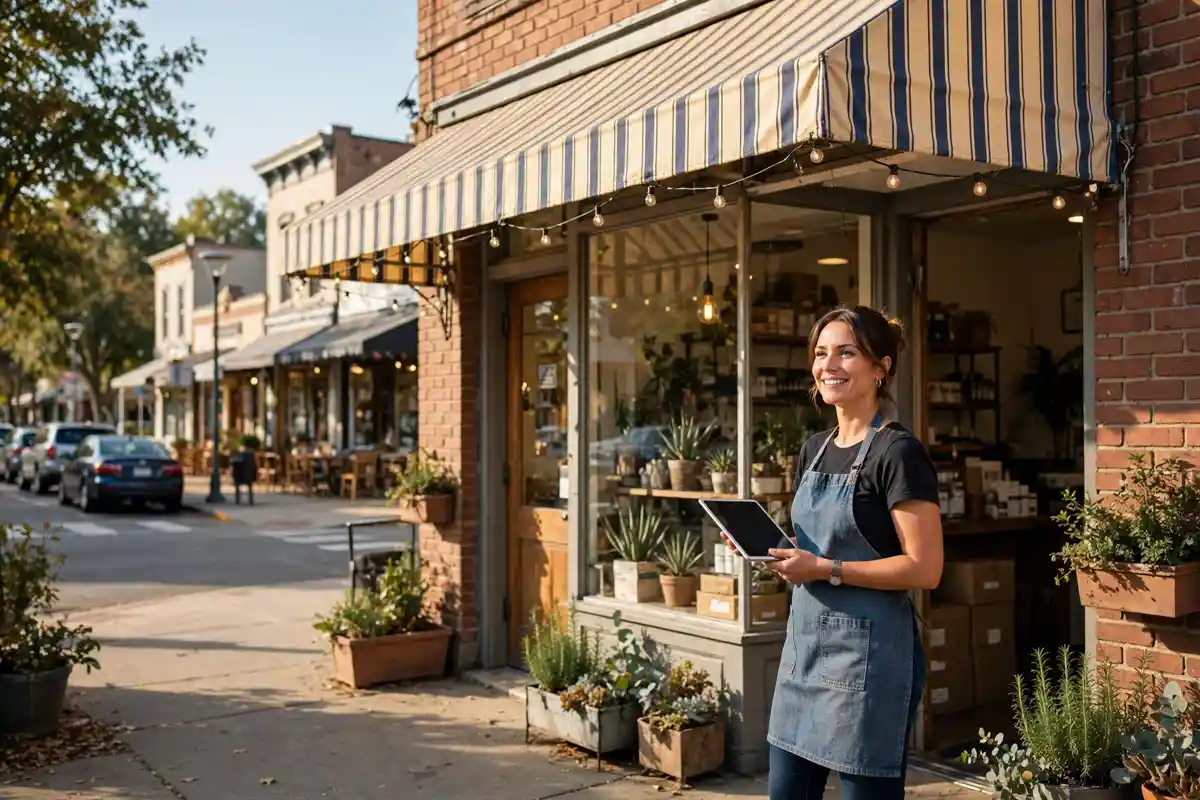 Small business owner standing in front of a small American storefront shop