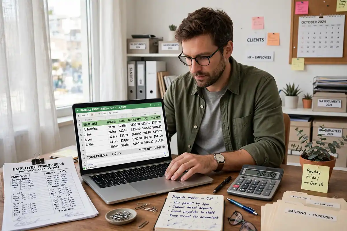Small business owner calculating payroll and taxes on a laptop