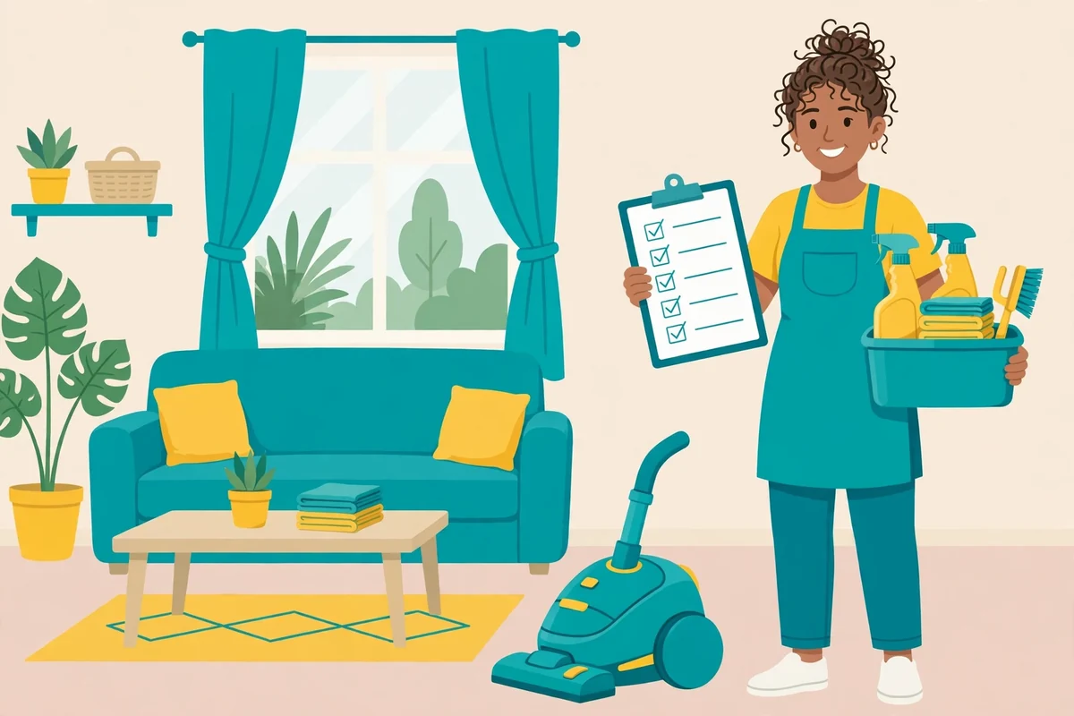 Illustration of how to start a cleaning business showing supplies, equipment, and a tidy home interior