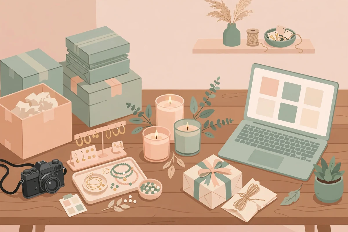 Illustration of how to start an Etsy shop with handmade products, a laptop storefront, and shipping boxes