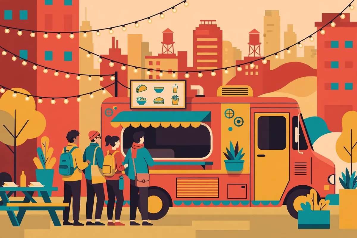 Illustration of how to start a food truck business showing a serving truck with customers at lunch hour