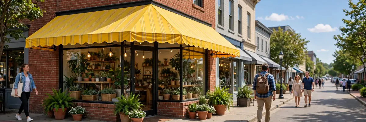 Welcoming American small business storefront with bright awning — how to start a franchise