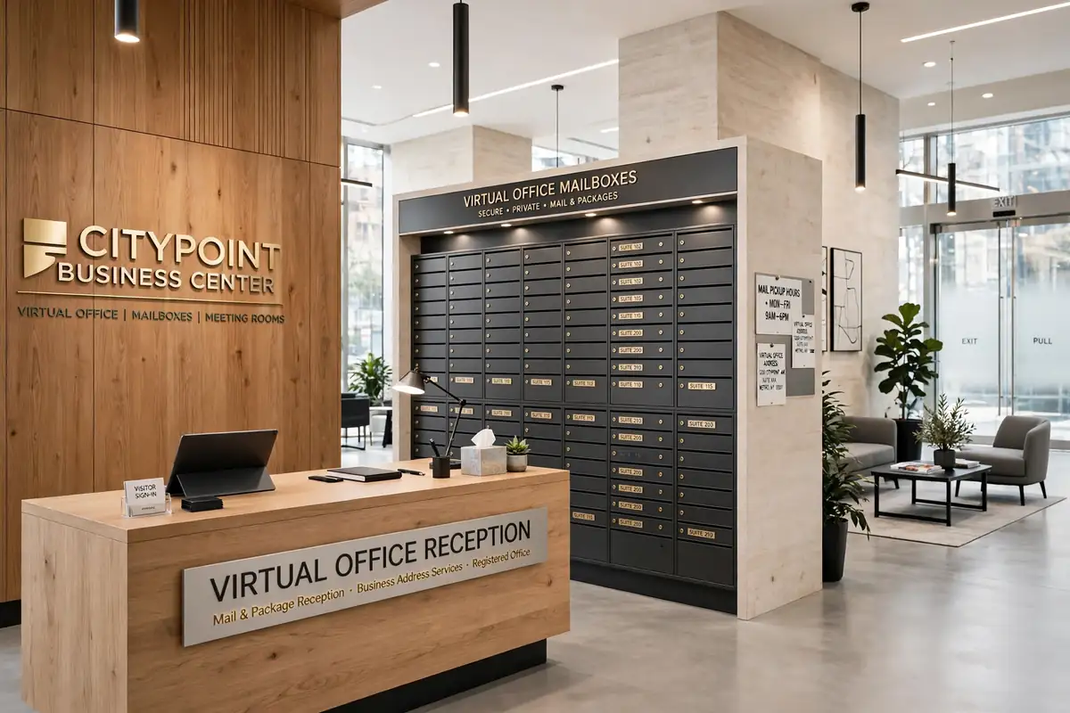 Modern business center lobby representing a virtual office address service