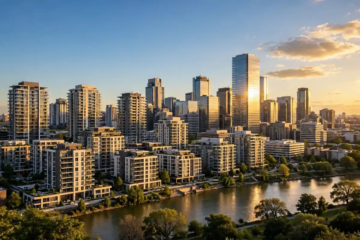 Modern apartment and office towers beside a river at golden hour, illustrating the properties held by a real estate investment trust
