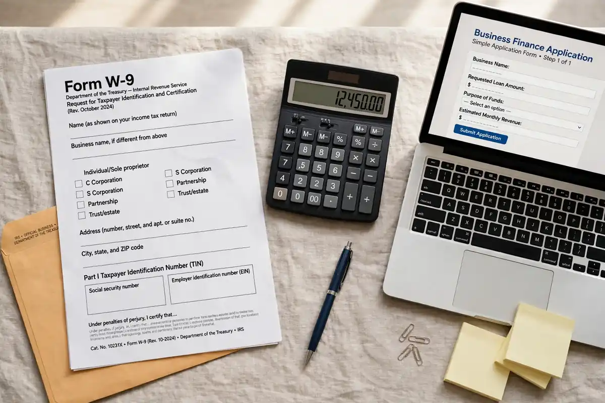 Business paperwork and laptop on a desk representing an EIN application with the IRS