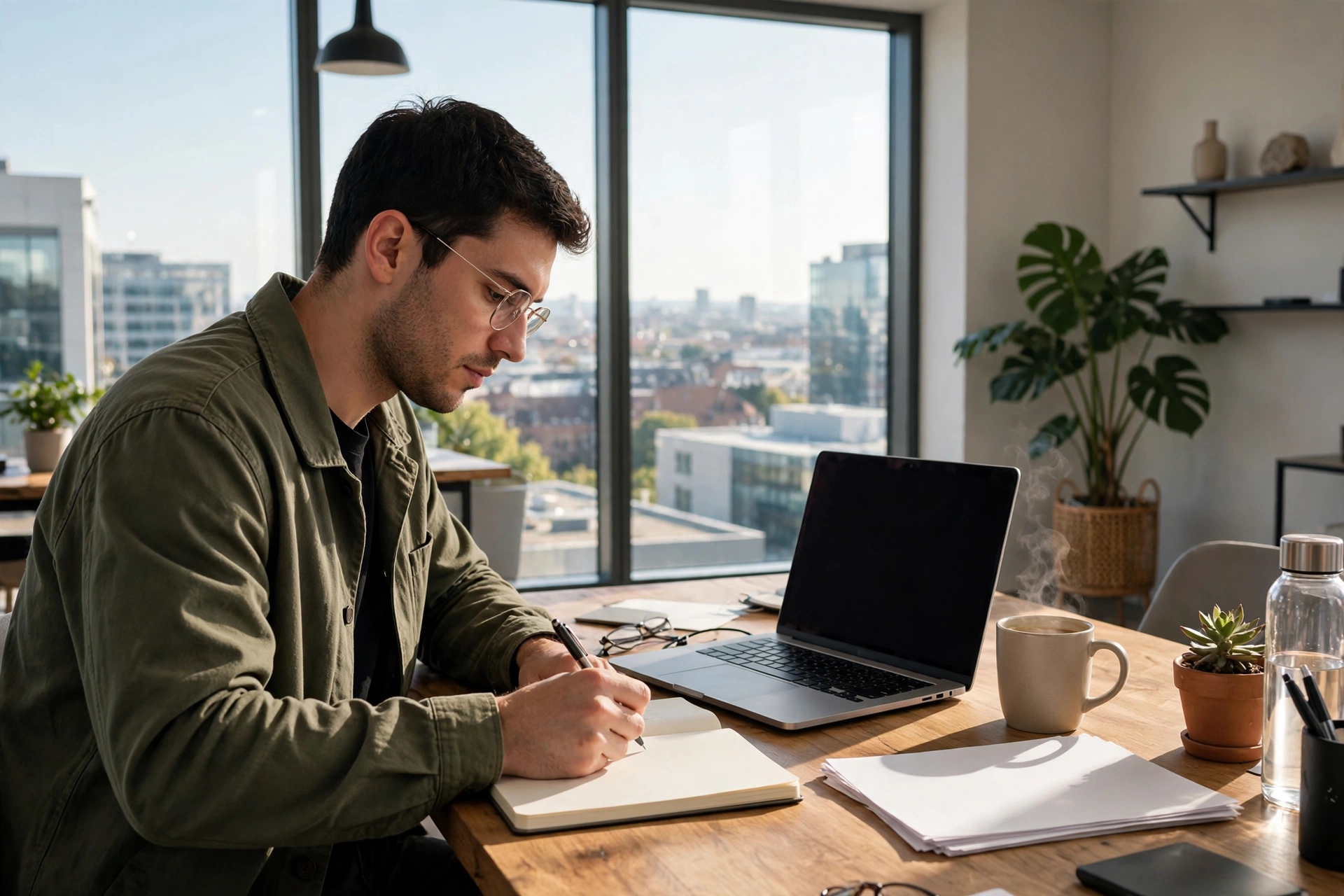 Entrepreneur writing a business plan in a notebook in a modern small-business office